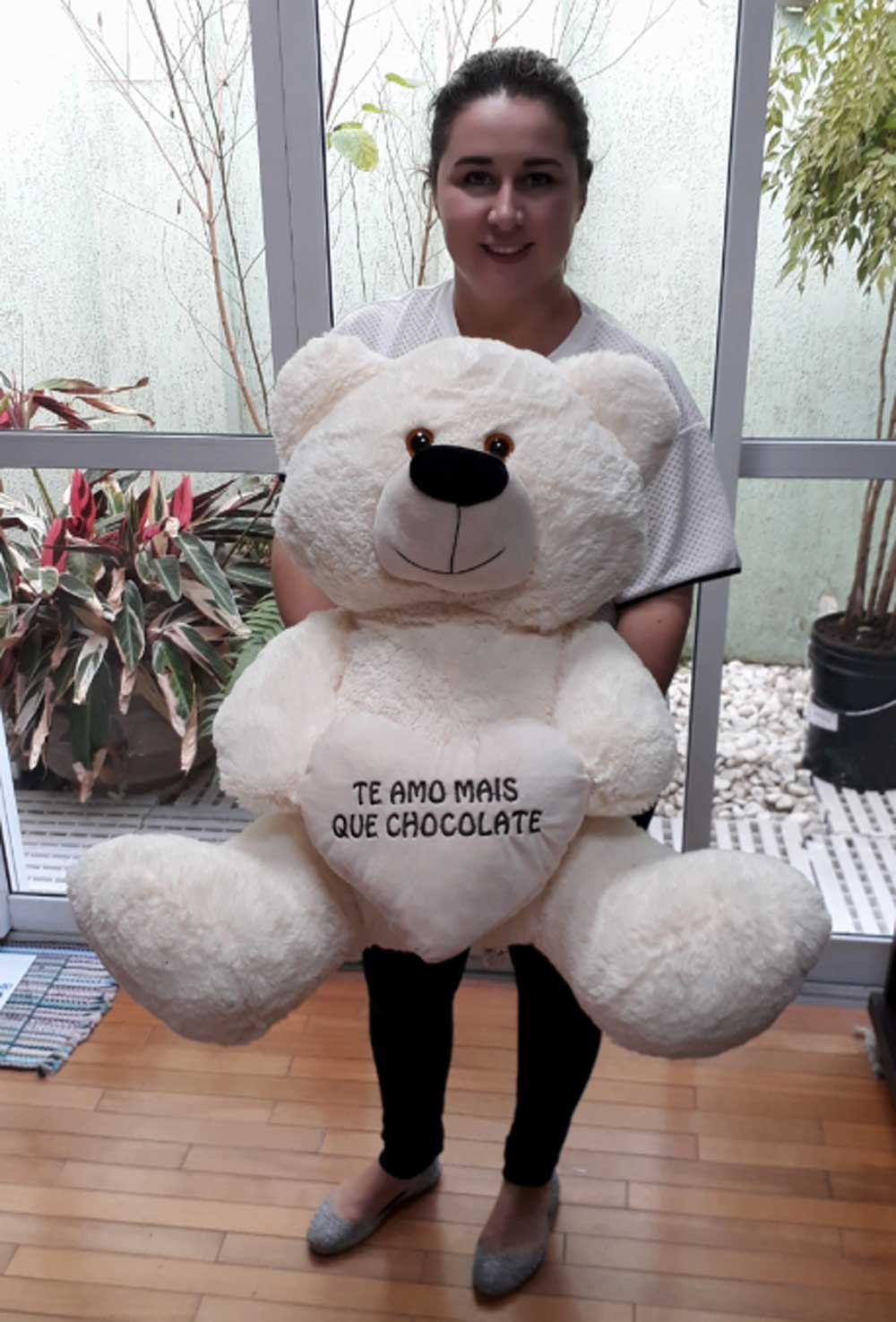 Urso de Pelúcia Teddy Creme Grande Macio de 55cm Presente com coração Romântico "Te Amo mais que Chocolate" para presentear quem ama Namorada Namorado 