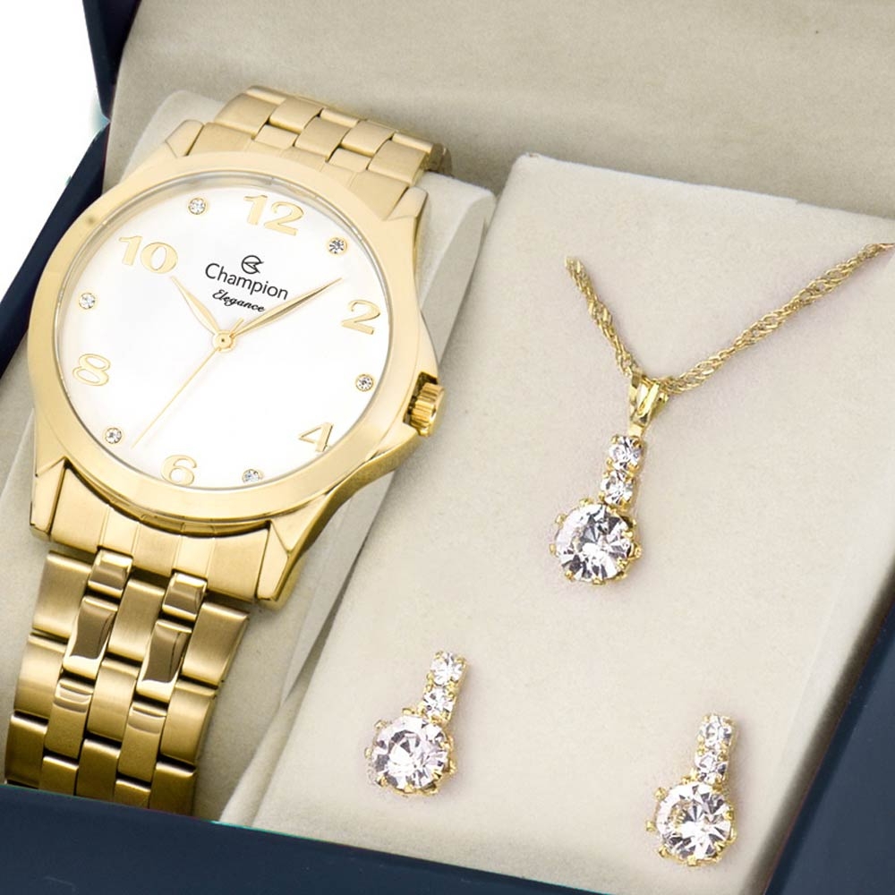 Relógio Champion Dourado Feminino + Kit Semijoias - Elegance - CN26260W