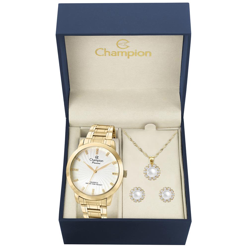 Relógio Champion Feminino Dourado - Brinco E Colar - CN29418B
