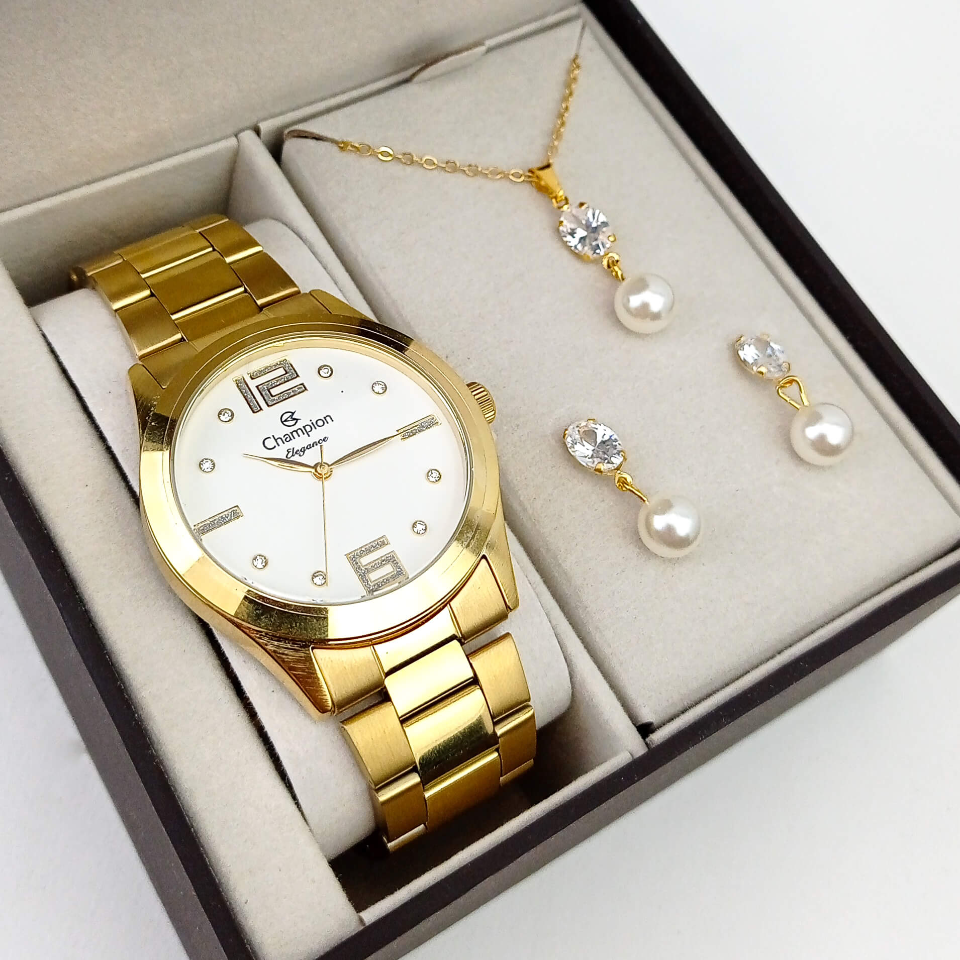 Relógio Champion Feminino Dourado - Kit - CN26555W
