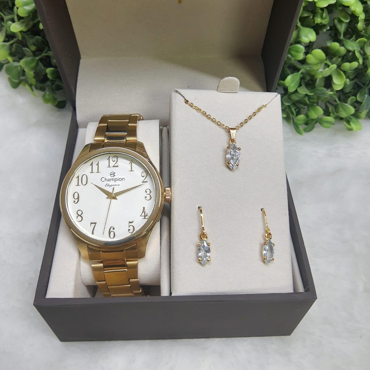 Relógio Champion Feminino Dourado + Kit Colar E Brincos - Elegance - CN27518W