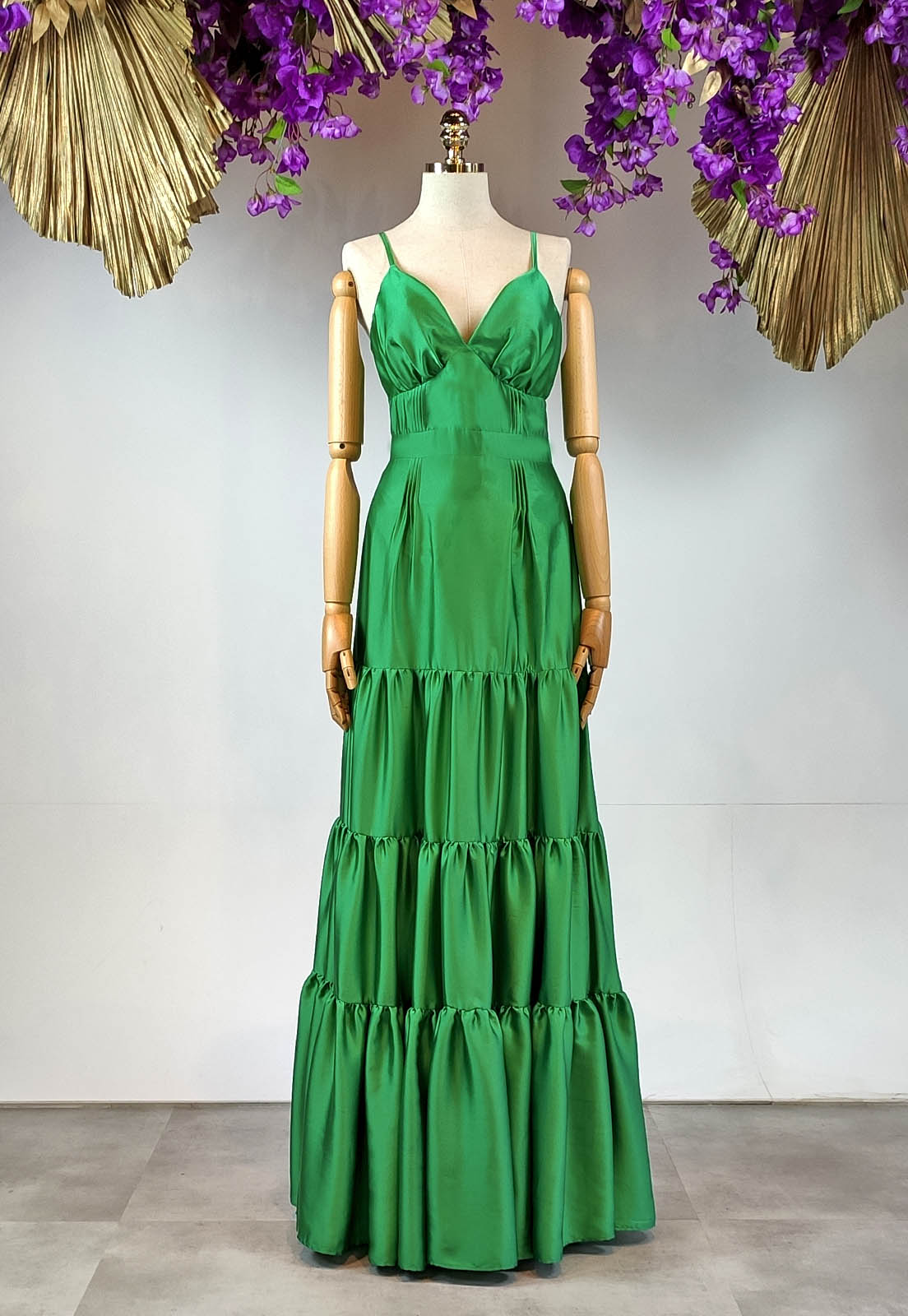 Vestido Longo Franzido Camadas Verde Esmeralda