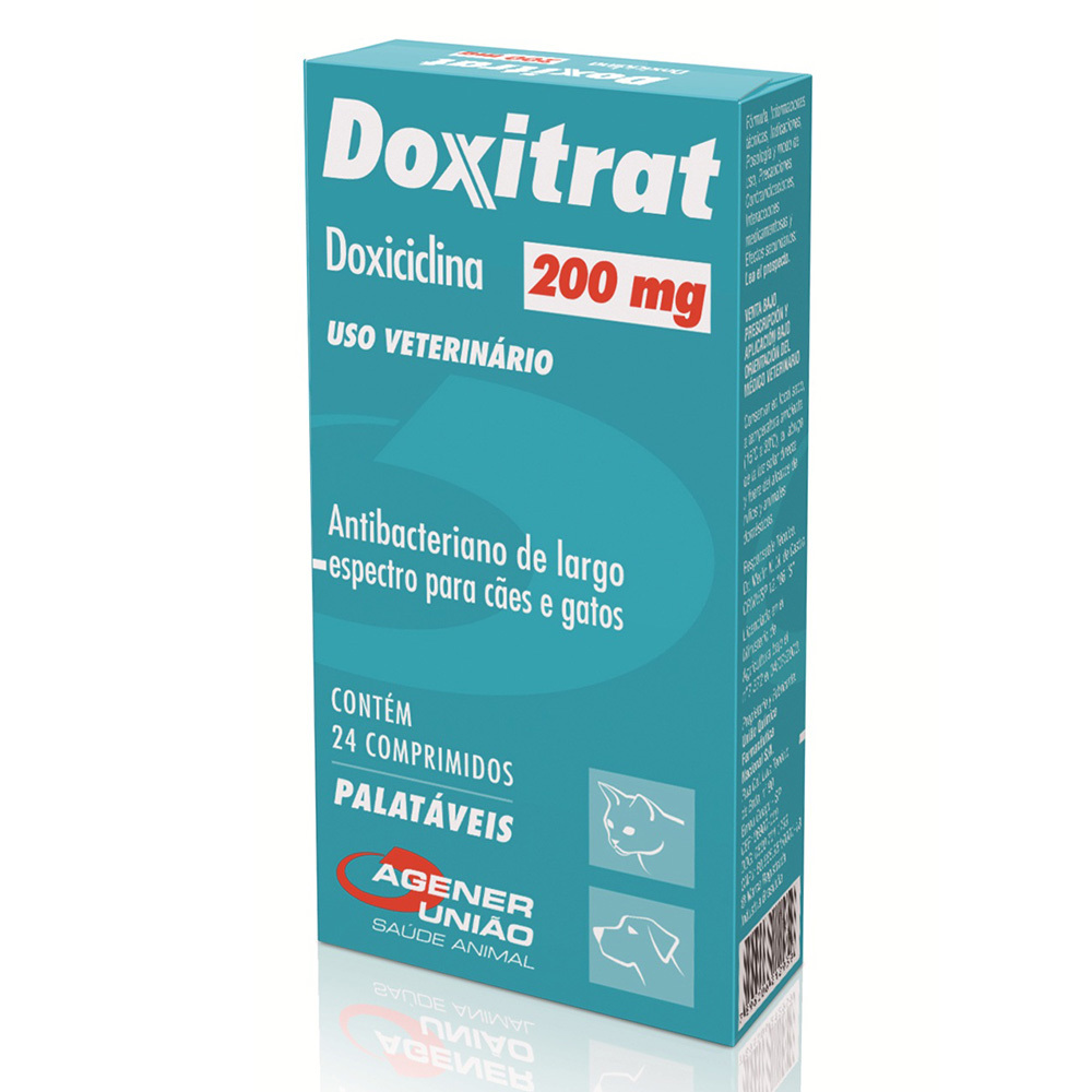 Antibiótico doxitrat 200mg para cães e gatos com 24 comprimidos