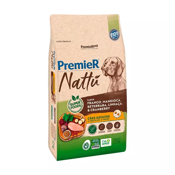 Ração premier nattu adulto para cães raças médias e grandes sabor mandioca