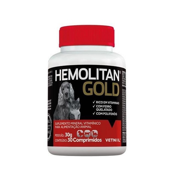 Suplemento vetnil hemolitan gold para cães e gatos com 30 comprimidos