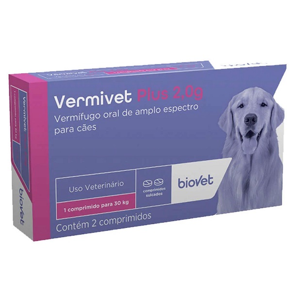 Vermífugo vermivet plus biovet 2g para cães com 2 comprimidos