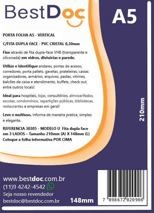 PORTA FOLHA A5 - VERTICAL  C/FITA DUPLA FACE - PVC CRISTAL 0,30mm - 10 UNIDADES
