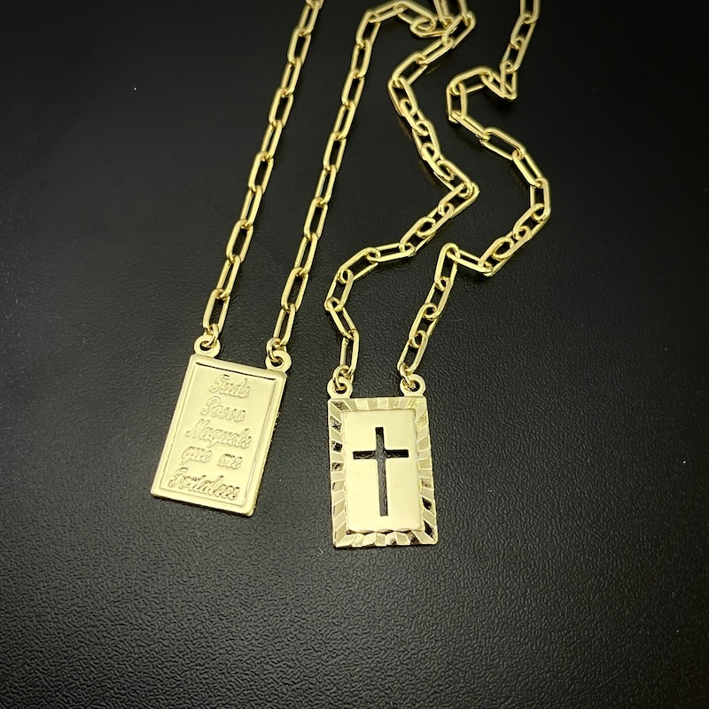 Escapulário Tudo posso + Crucifixo Vazado 3mm 70cm Carrier Diamantada (Banho Ouro 24k)