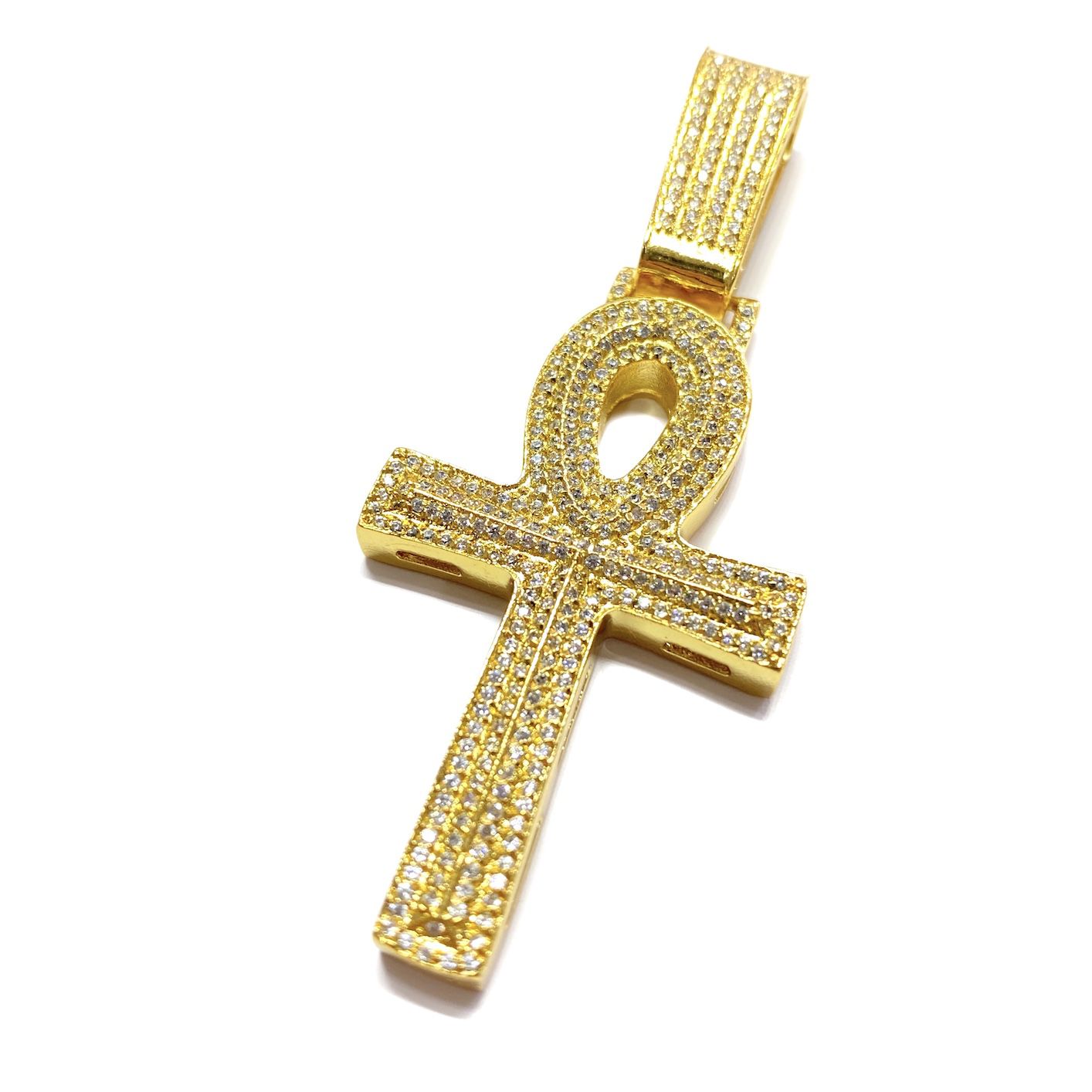Pingente Crucifixo GDO Cruz Ansata Cravejada em Zircônia (5,5cmX3,2cm) (13,5g) (Banho Ouro 24k)