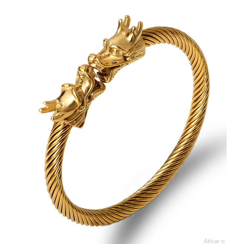 Bracelete Viking Dragão Nórdico Dourado Ragnar Aço Inox