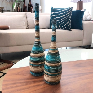 Dupla Vaso Decorativo de Mesa Garrafa Tulipa Azul e Palha Marrakesh
