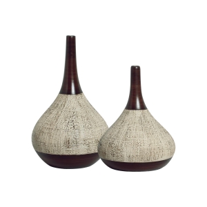 Vaso Decorativo de Cerâmica Dupla Garrafa Jasmim Marrom e Palha Ganash