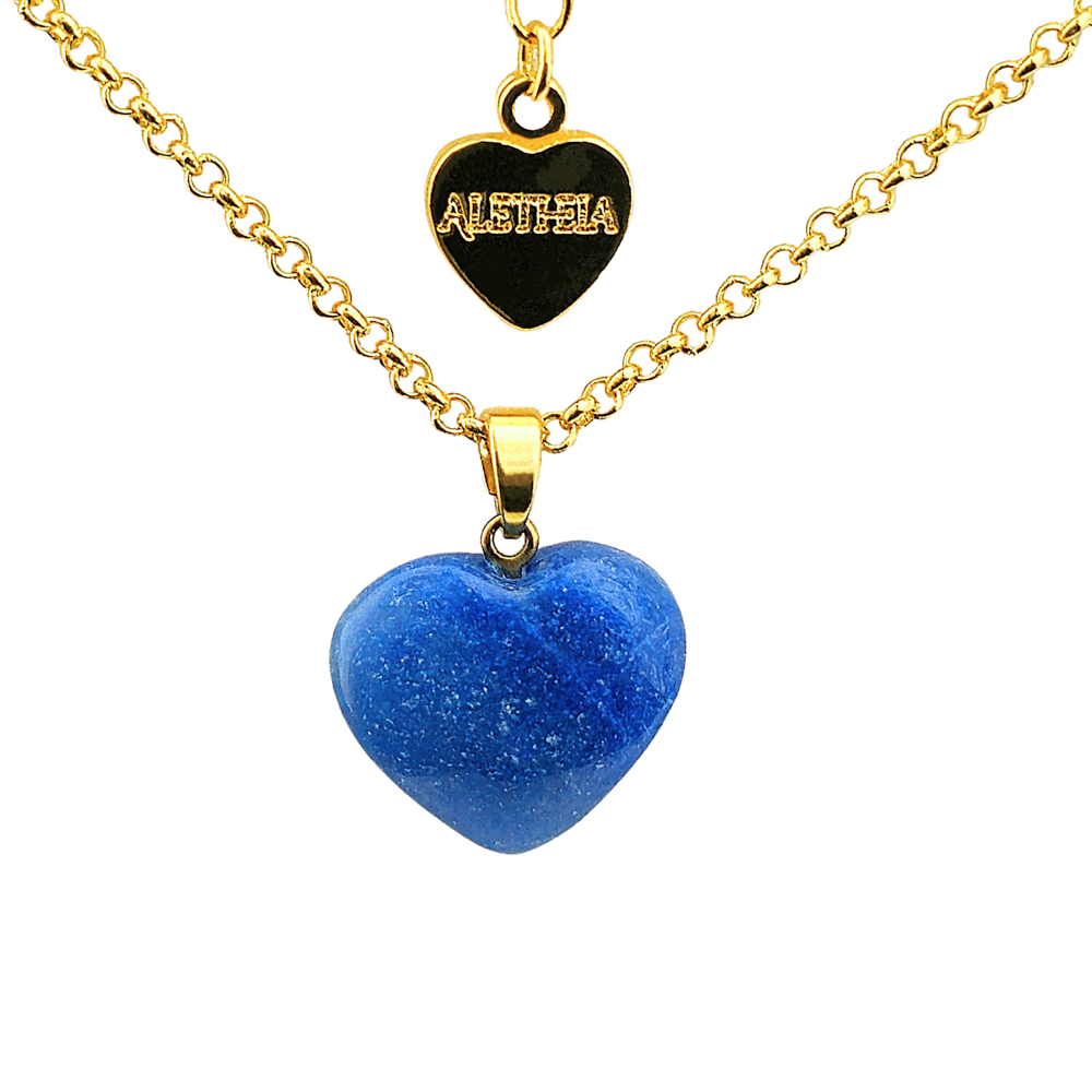 Colar Folheado Ouro 18k Coração Pedra Natural Cianita Azul