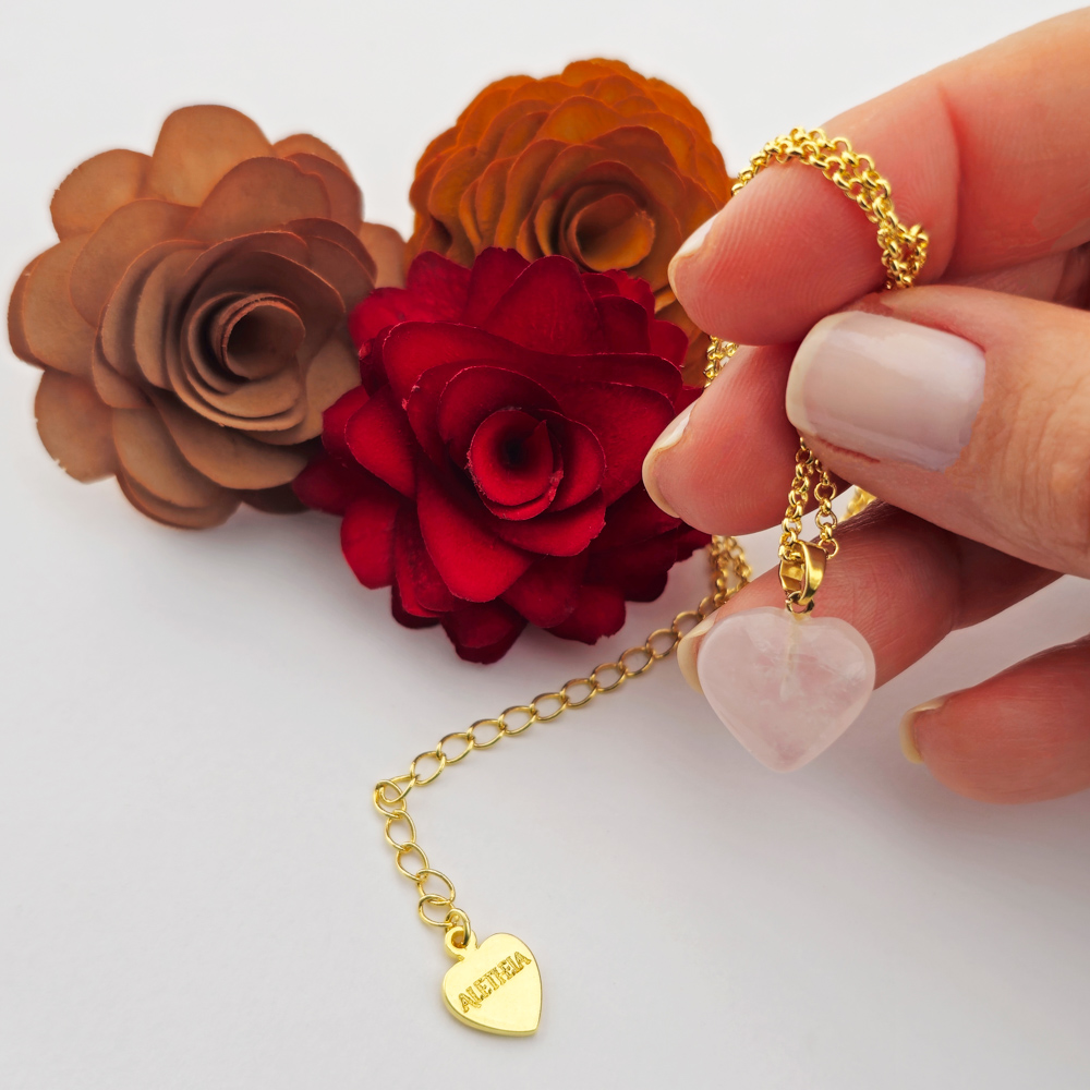 Colar Folheado Ouro 18k Coração Pedra Natural Quartzo Rosa