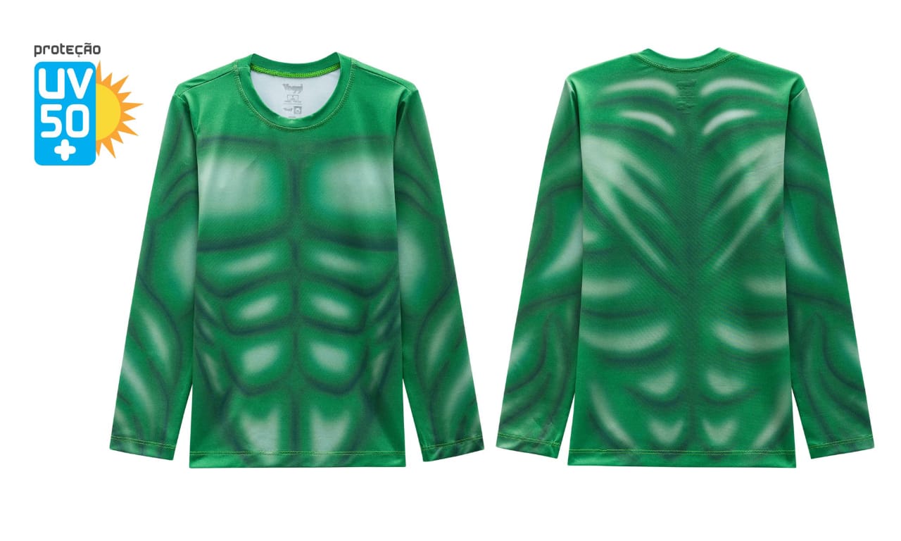 Blusa proteção solar infantil hulk verde marvel músculos