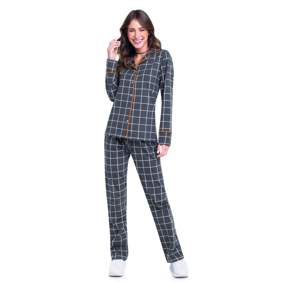 Pijama feminino adulto de botão xadrez manga longa inverno