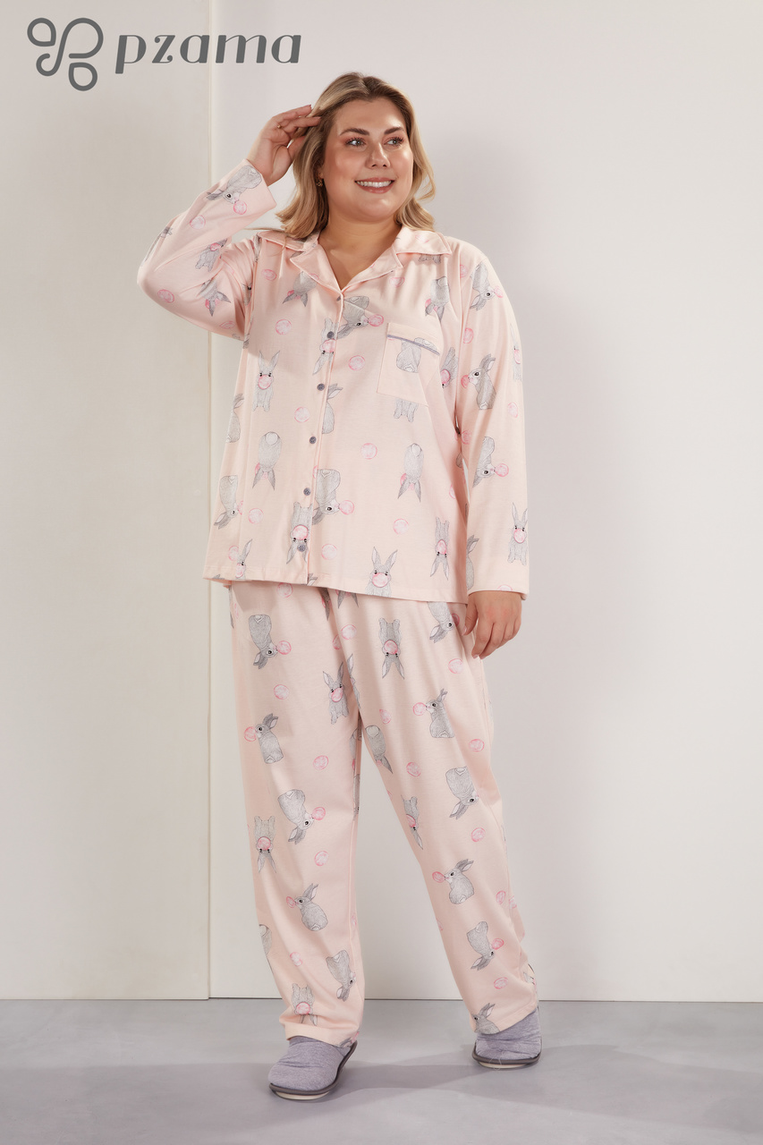 Pijama feminino plus size adulto botão estampado