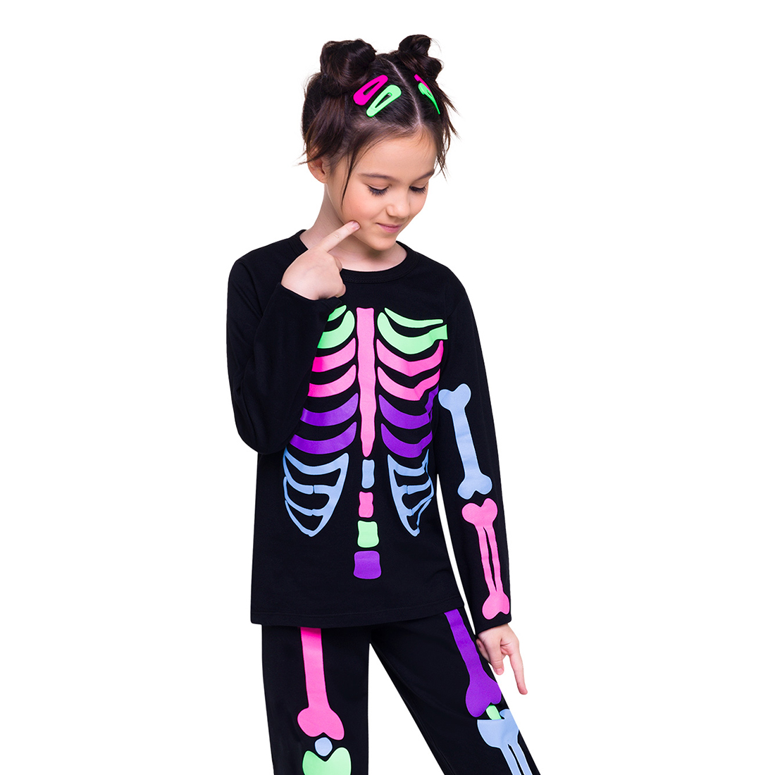 Pijama infantil menina esqueleto colorido brilha no escuro