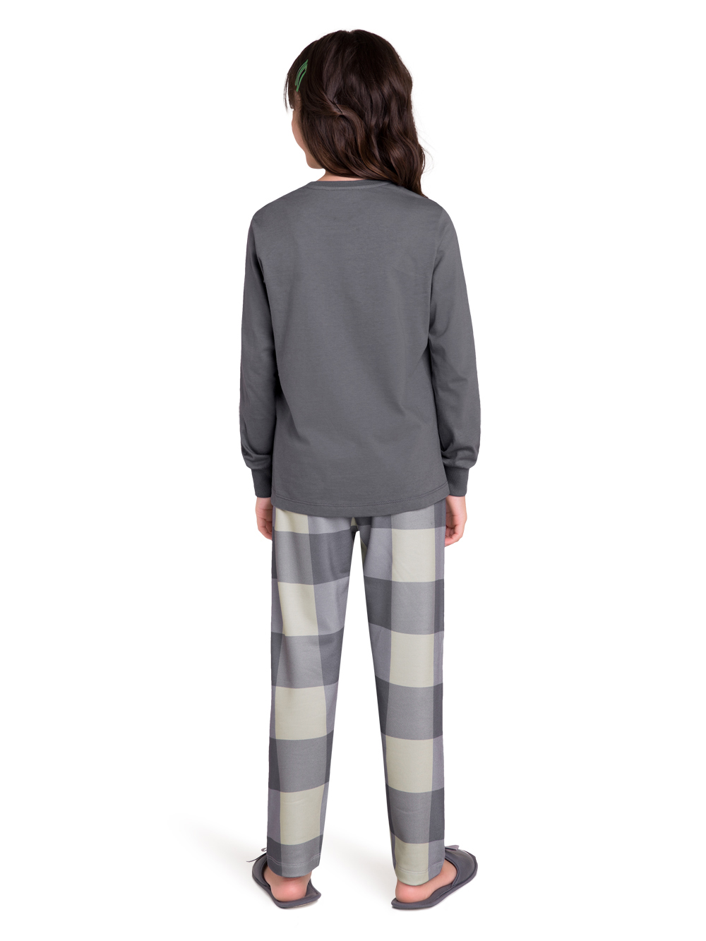 Pijama infantil menina frio manga longa xadrez com punho
