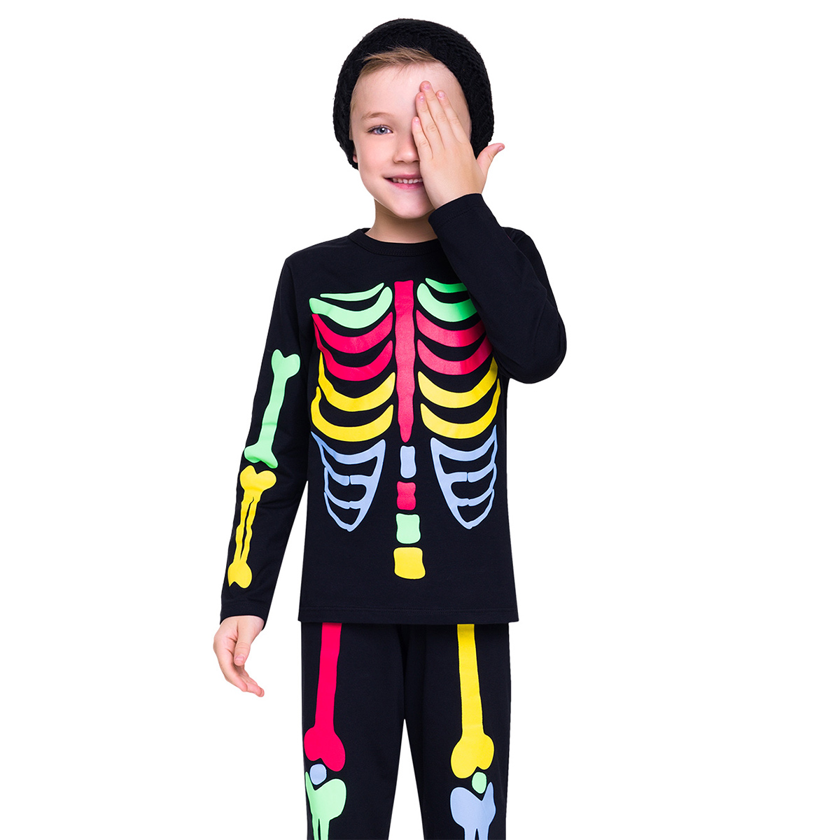 Pijama esqueleto infantil menino colorido brilha no escuro