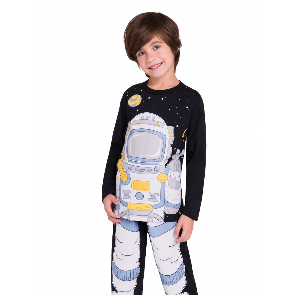 Pijama infantil menino manga longa astronauta brilha no escuro