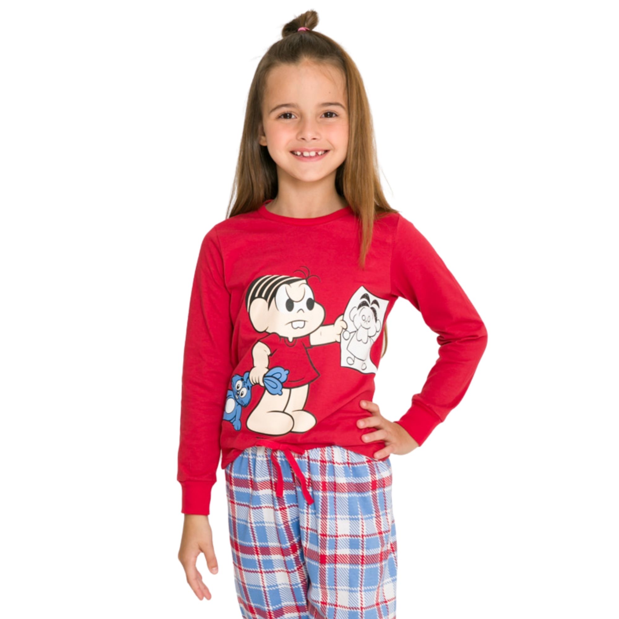 Pijama menina inverno mônica vermelho com calça xadrez