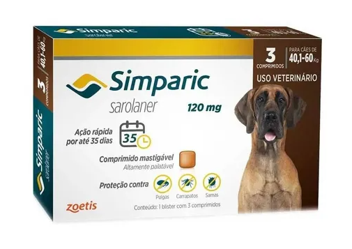 Antipulgas Zoetis Simparic 120 mg para Cães 40,1 á 60 C/3 Comprimidos