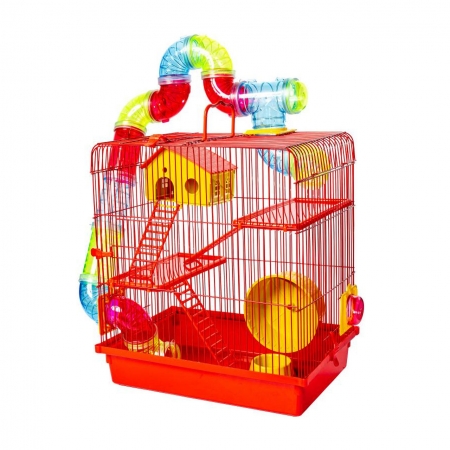 Gaiola Hamster Com Casa Grande 3 Andares Tubos Super Luxo - Vermelho