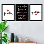 Kit 3 Quadros Decorativos Família e Gratidão