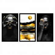 Kit 3 Quadros Decorativos Grandes Mulheres Negras c / Pintura Dourada