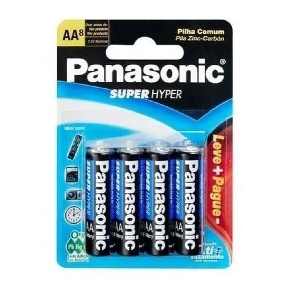 Pilha AA 8 + 8 AAA Panasonic Zinco Leve 16 Pague 12 Pilhas Super Hyper Antivazamento