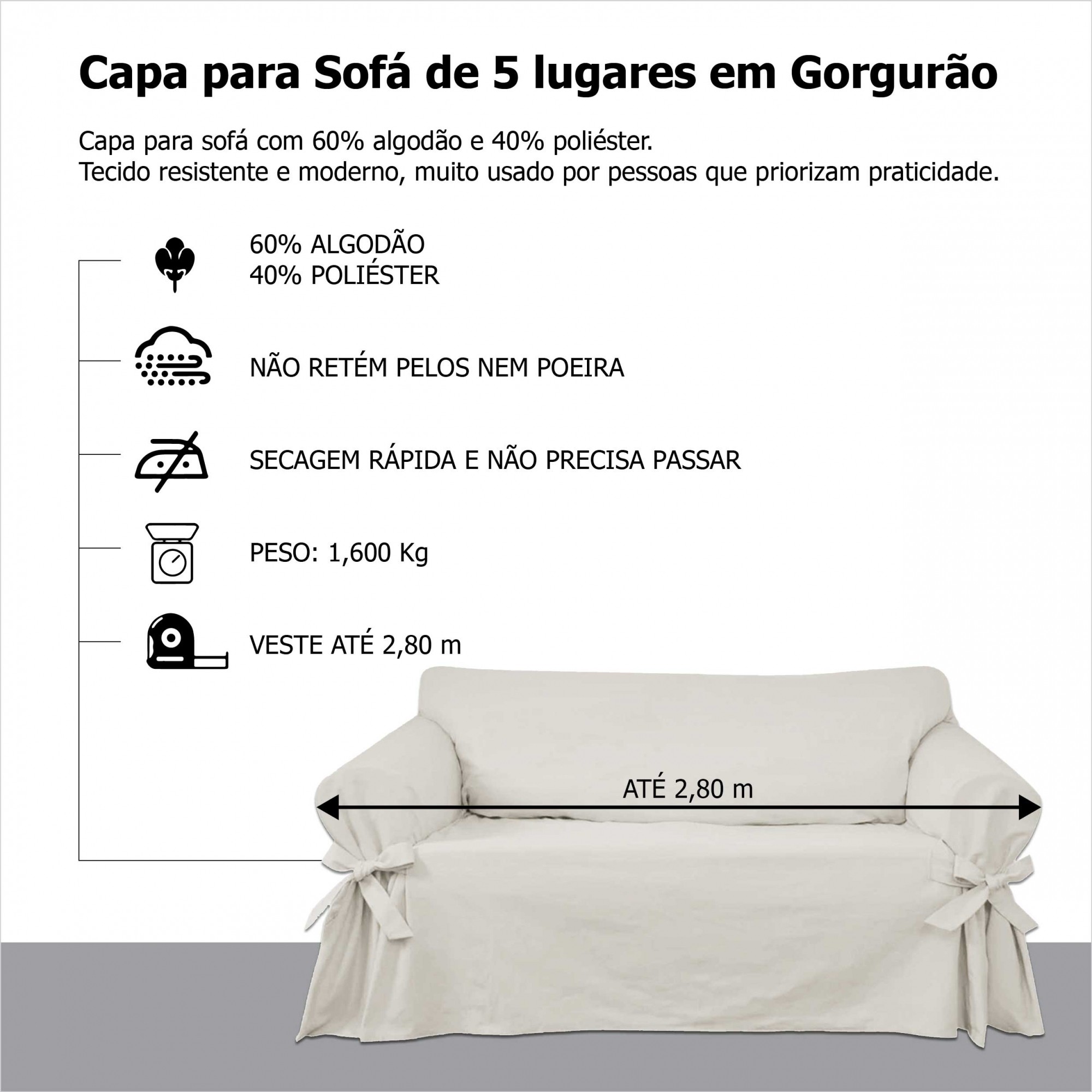Capa p/ Sofá de 5 Lug CINZA em Gorgurão