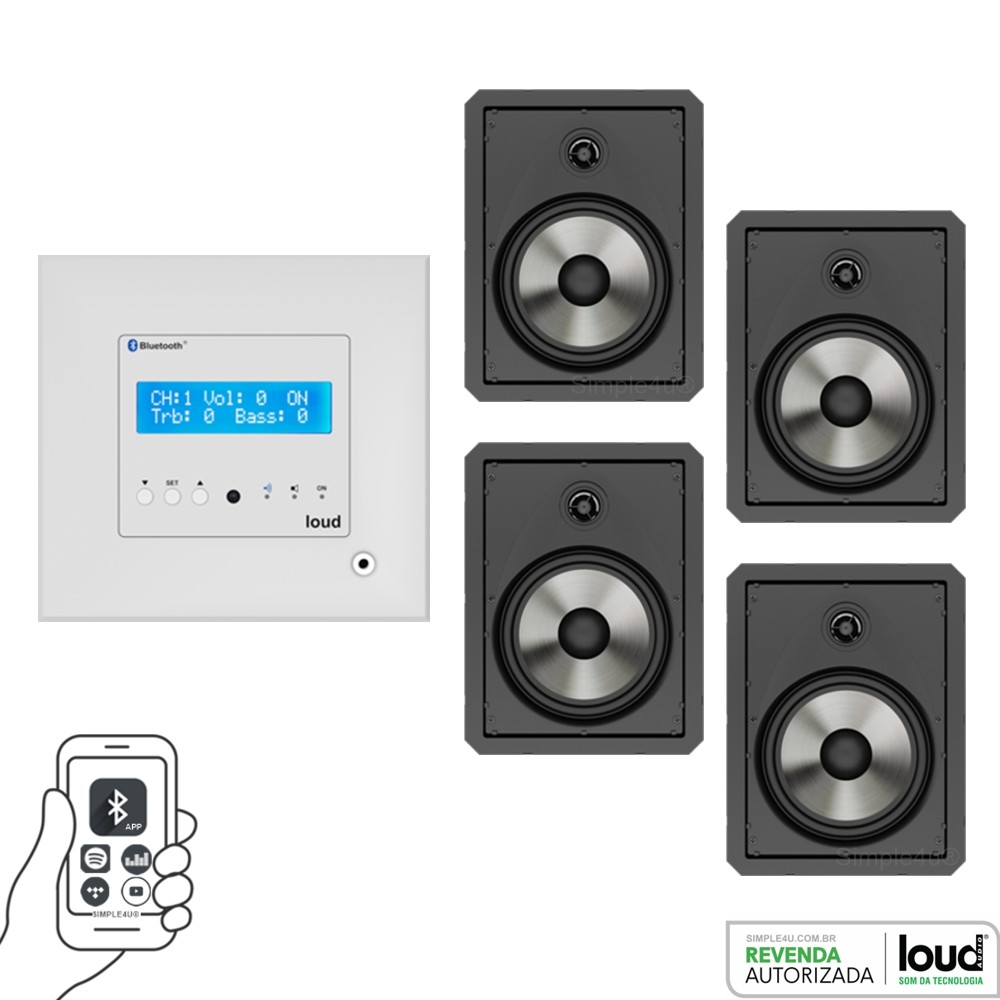 Kit Amplificador de Parede Bluetooth LAC NG + 4 Caixas Acústicas de Embutir LR6-PASS BL Loud