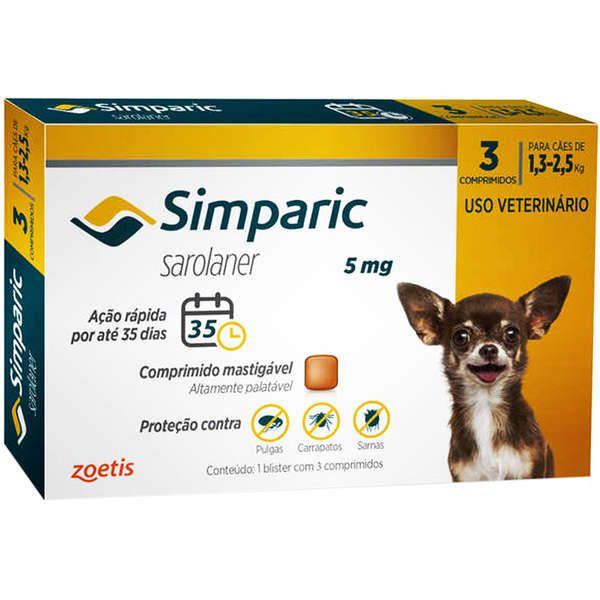 Simparic Antipulgas e Carrapatos 5mg para Cães de 1,3 a 2,5 Kg -  3 Comprimidos