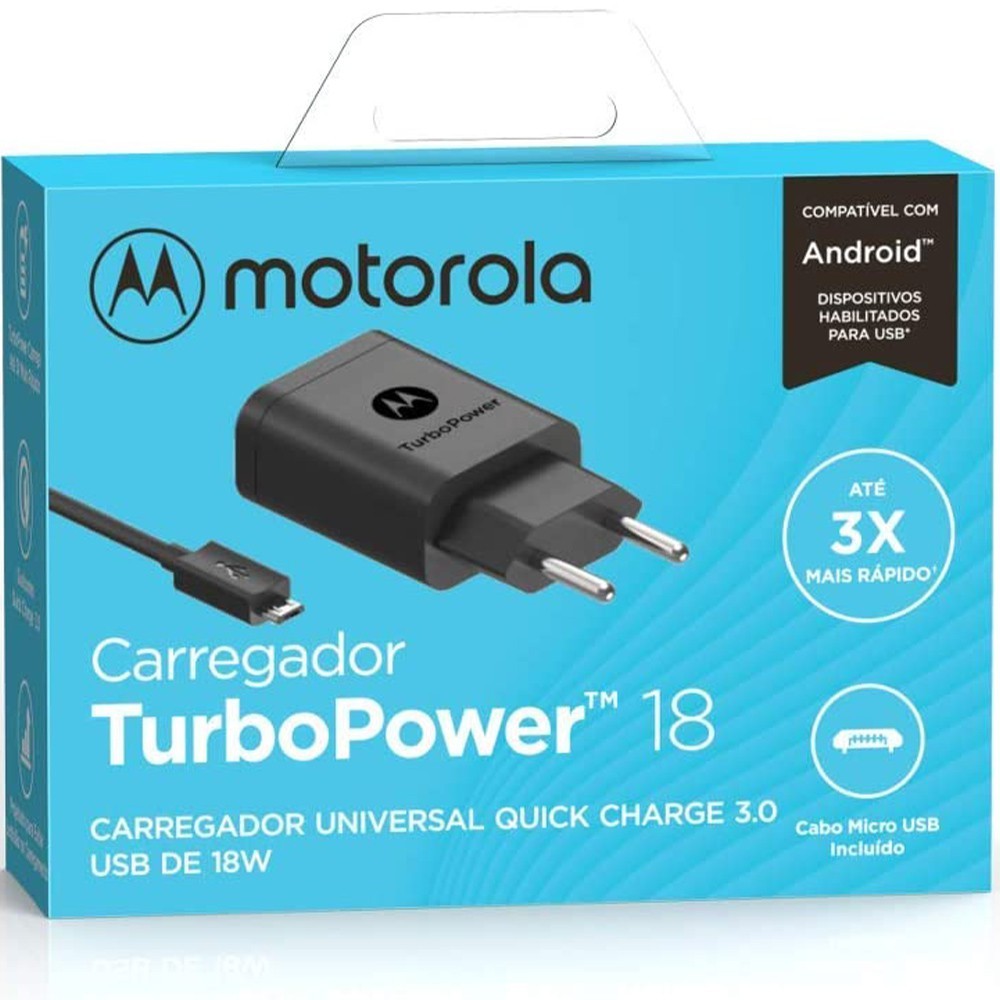 Carregador Original Motorola Turbo Power Qc3.0 Micro USB 18W - Carrega Rápido - Preto
