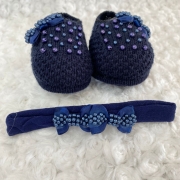 Sapatinho Tricot e Tiara c/ Dois Laços para Bebê Pérola Azul Marinho