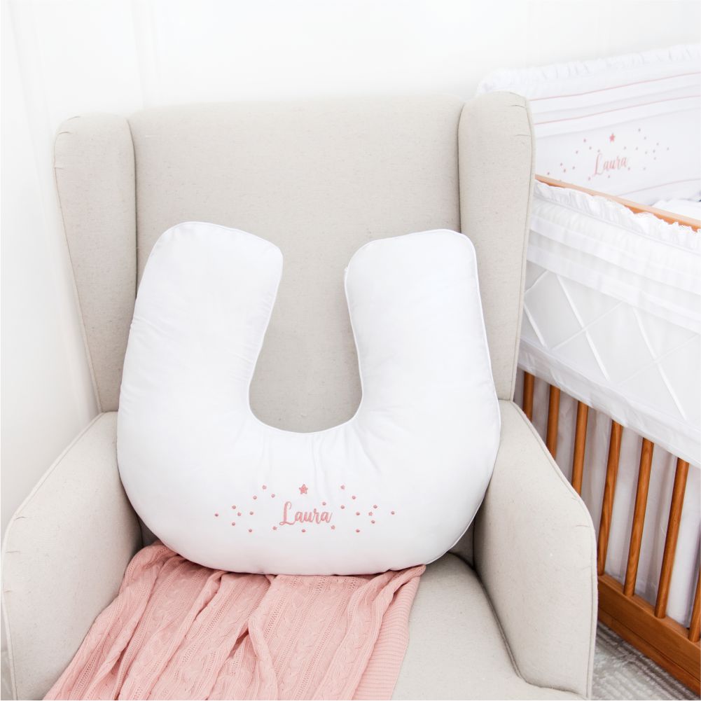 Almofada de Amamentação para Bebê 300 Fios Personalizado Branco c/ Rosê  (Escolha o nome de seu bebê)