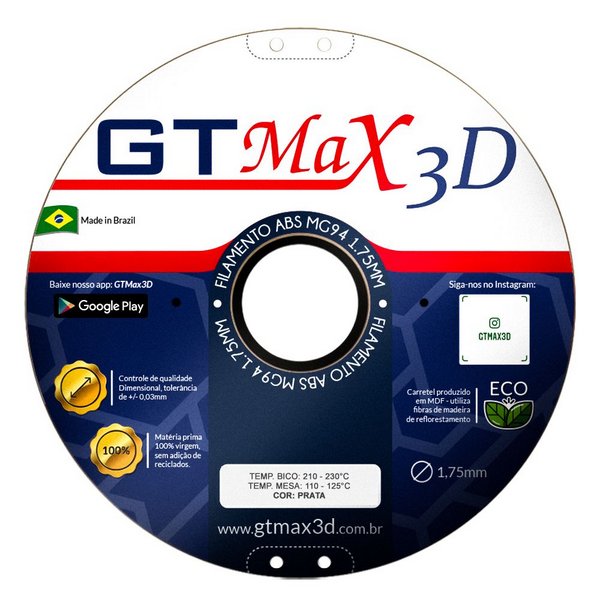 Filamento ABS- Prata - Premium MG94 - GTMax 3D - 1.75mm - 1KG