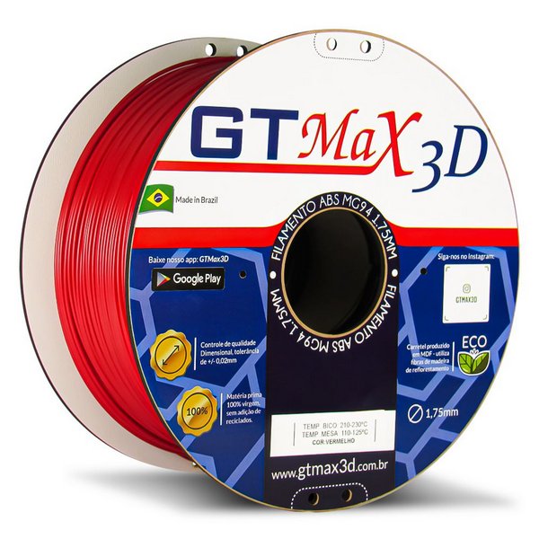 Filamento ABS- Vermelho - Premium MG94 - GTMax 3D - 1.75mm - 1KG