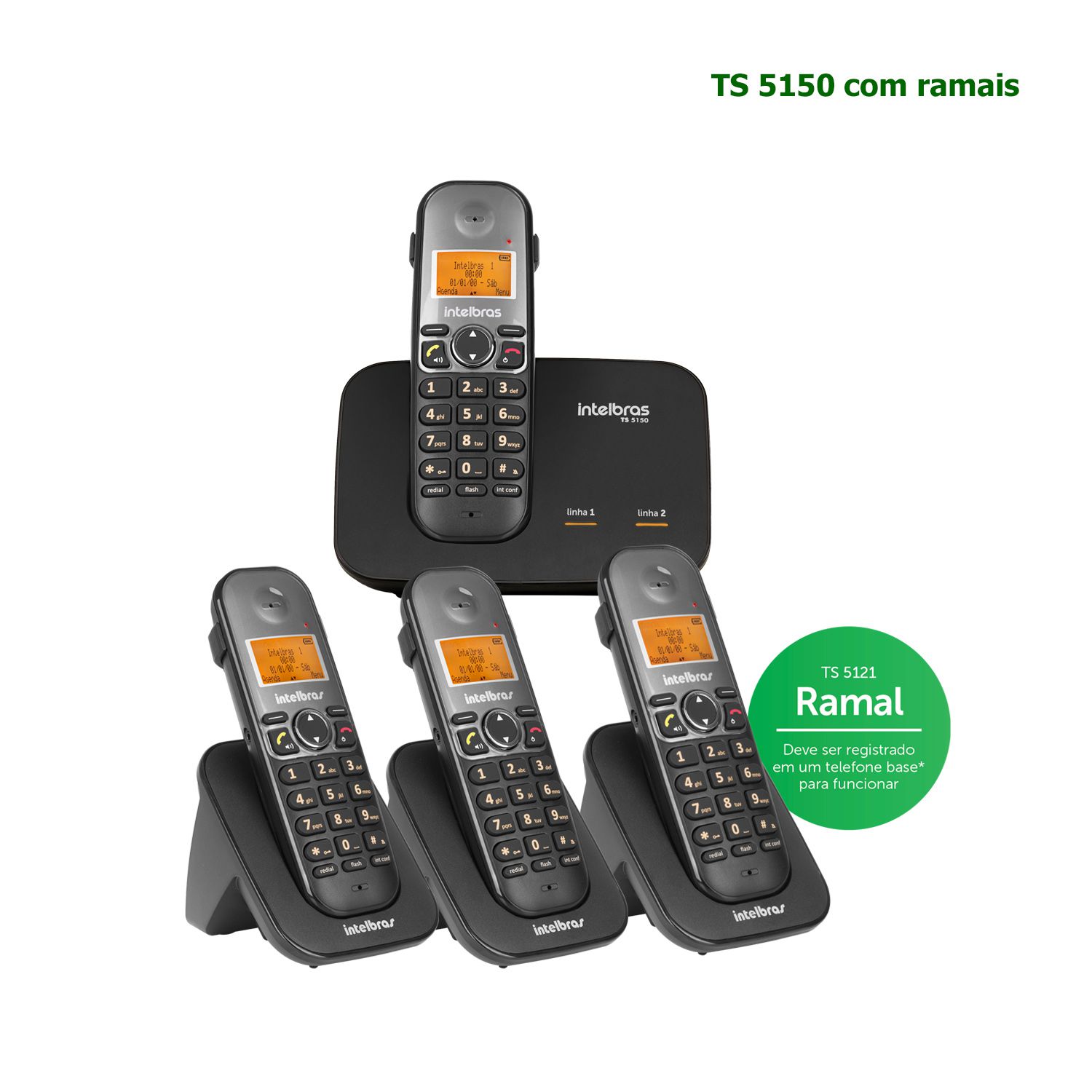 Kit Telefone Sem Fio Intelbras Entrada 2 Linhas ID Chamadas TS 5150 + 3 Ramais Preto