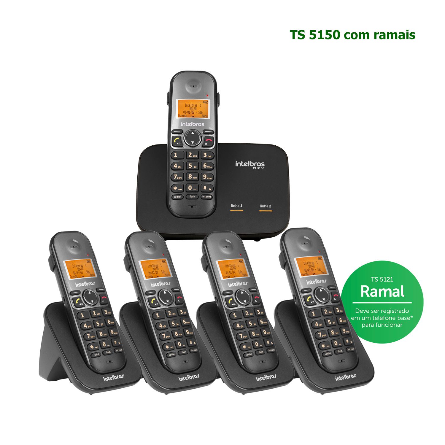 Kit Telefone Sem Fio Intelbras Entrada 2 Linhas ID Chamadas TS 5150 + 4 Ramais Preto