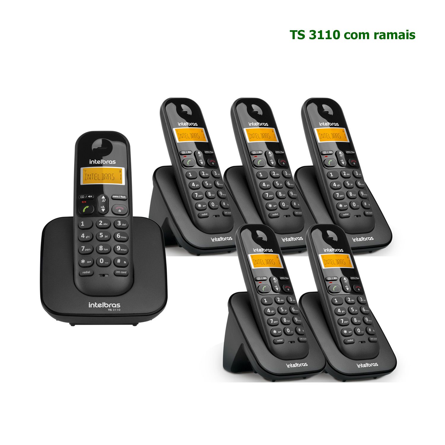 Kit Telefone Sem Fio Intelbras Identificador Chamadas Base TS 3110 + 5 Ramal Preto