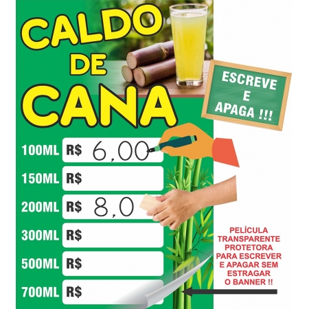 Banner Caldo de Cana tabela de preços escreve e apaga especial com laminação