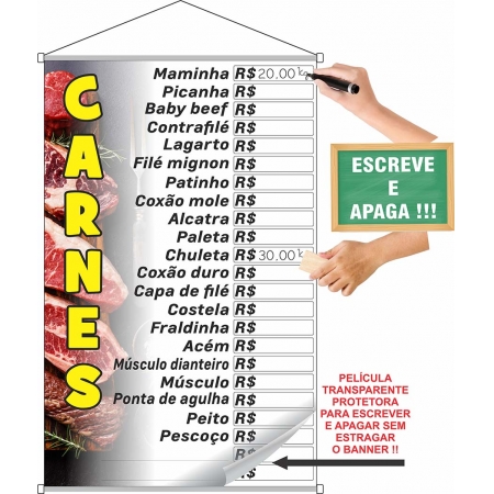 Banner Carnes tabela de preços escreve e apaga especial com laminação