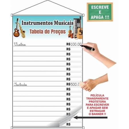 Banner Instrumentos Musicais tabela de preços escreve e apaga especial com laminação