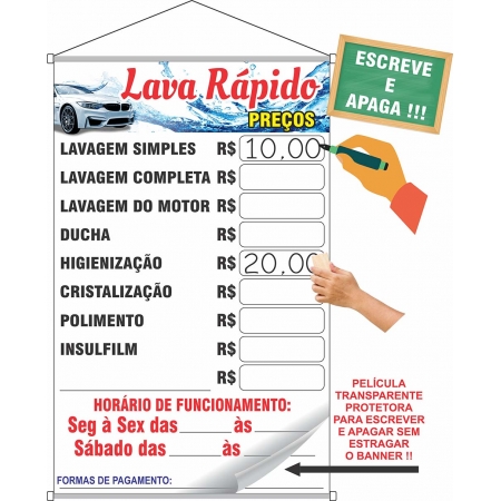Banner Lava Rápido tabela de preços escreve e apaga especial com laminação