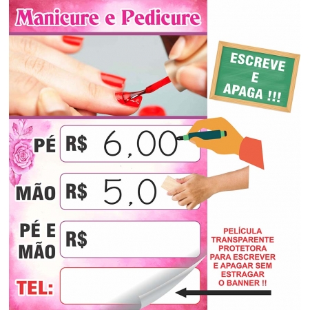 Banner Manicure Pedicure Unhas tabela de preços escreve e apaga especial com laminação