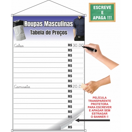 Banner Roupas Masculinas tabela de preços escreve e apaga especial com laminação