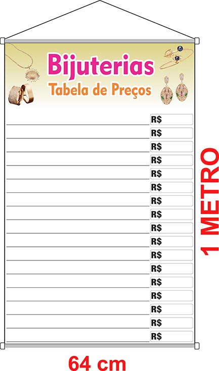 Banner Bijuterias tabela de preços escreve e apaga especial com laminação