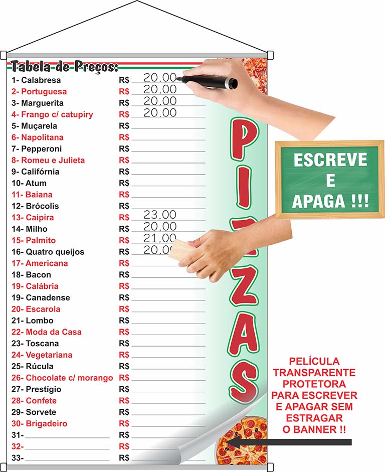Banner Pizza tabela de preços escreve e apaga especial com laminação